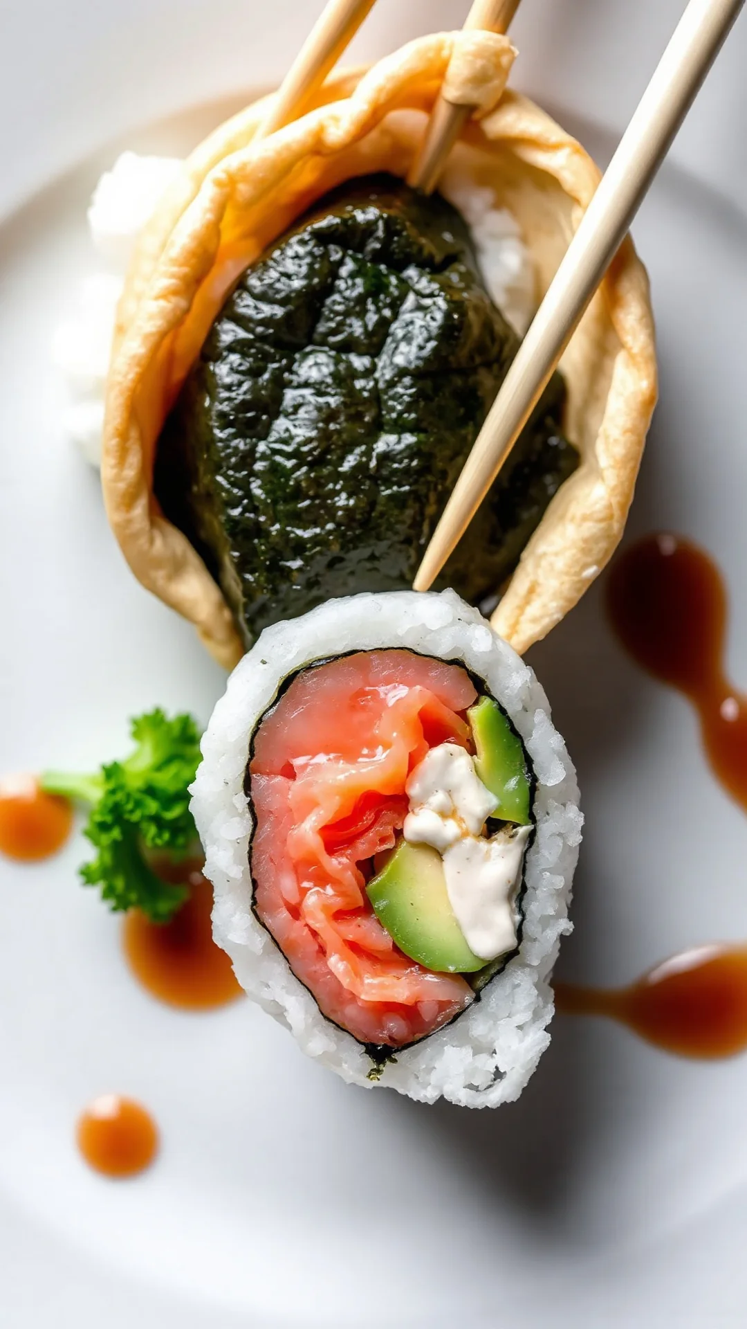Close-up overhead view of crepe sushi roll sliced in half showing layers, fresh salmon pink flesh, creamy avocado, crisp cucu
