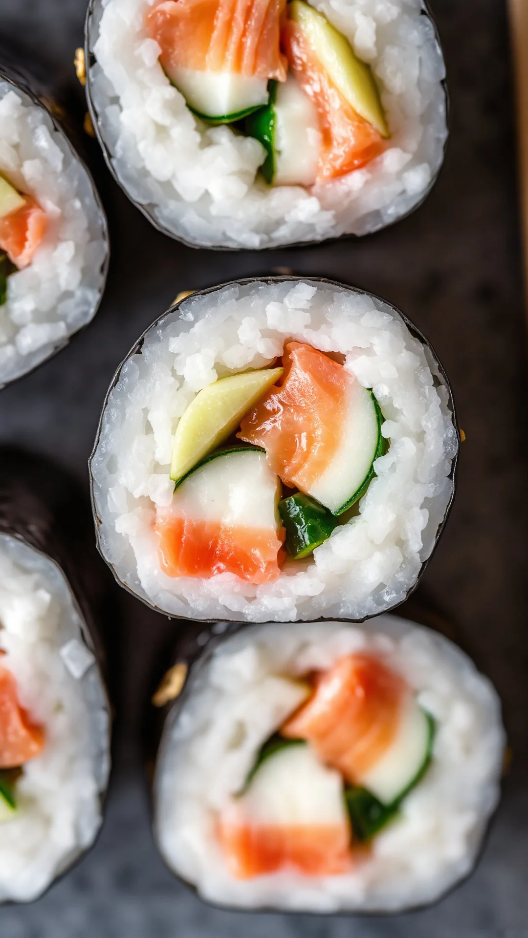 Close-up overhead view of fresh maki sushi roll cross-section showing layers of rice, nori, salmon and cucumber inside, detai