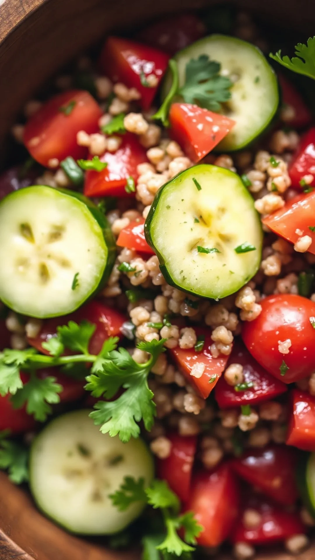 Close-up overhead view of fresh quinoa tabbouleh salad with bright green parsley, diced tomatoes, cucumber, and herbs, Medite