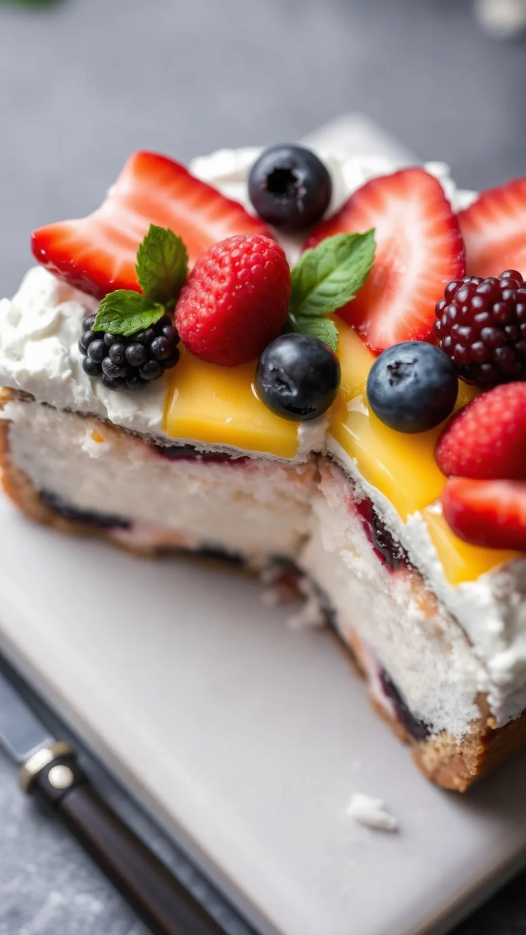 Close-up overhead view of layered sushi cake cross-section showing multicolored fruit layers, sticky rice, cream cheese, vibr