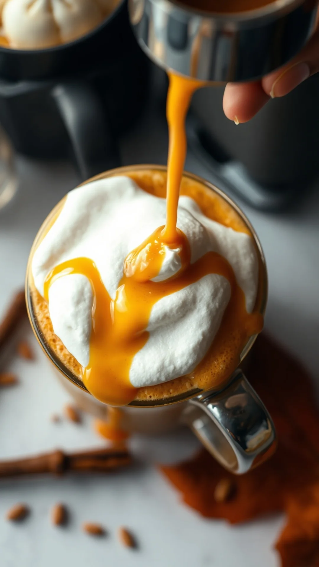Close-up overhead view of Pumpkin Spice Latte, creamy foam top, golden pumpkin sauce drizzle, warm autumn lighting, detailed