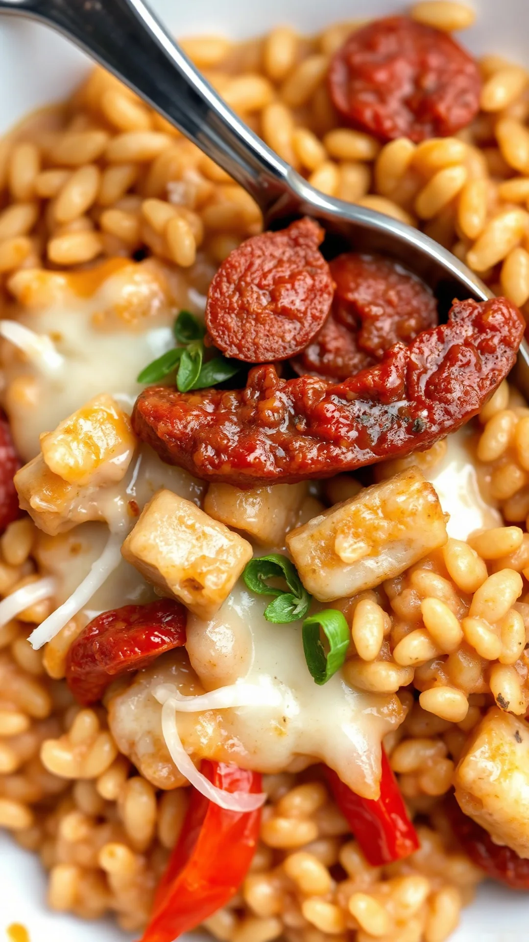 Close-up overhead view of spicy chorizo risotto with melted cheese and red pepper, creamy texture visible, served in ceramic