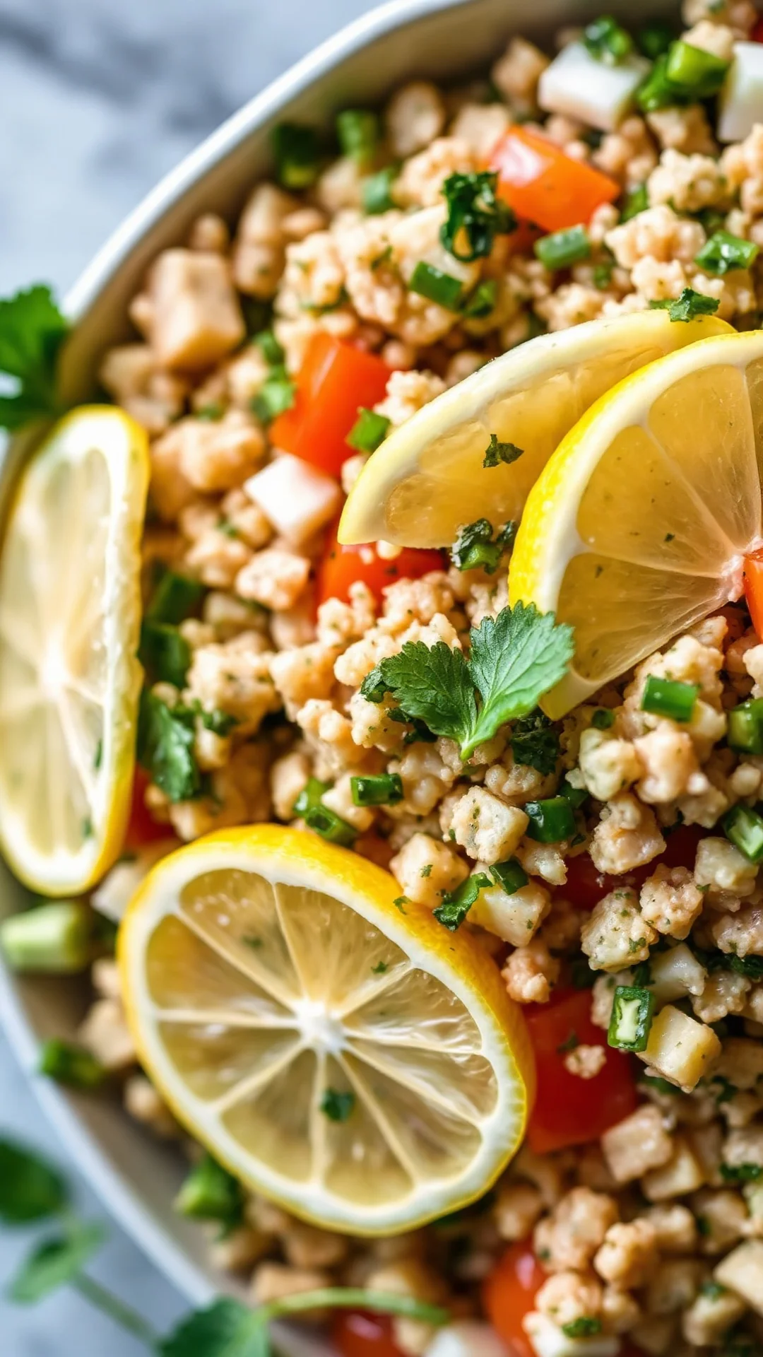 Close-up overhead view of tabbouleh salad with fresh lemon citrus herbs parsley mint diced vegetables Mediterranean