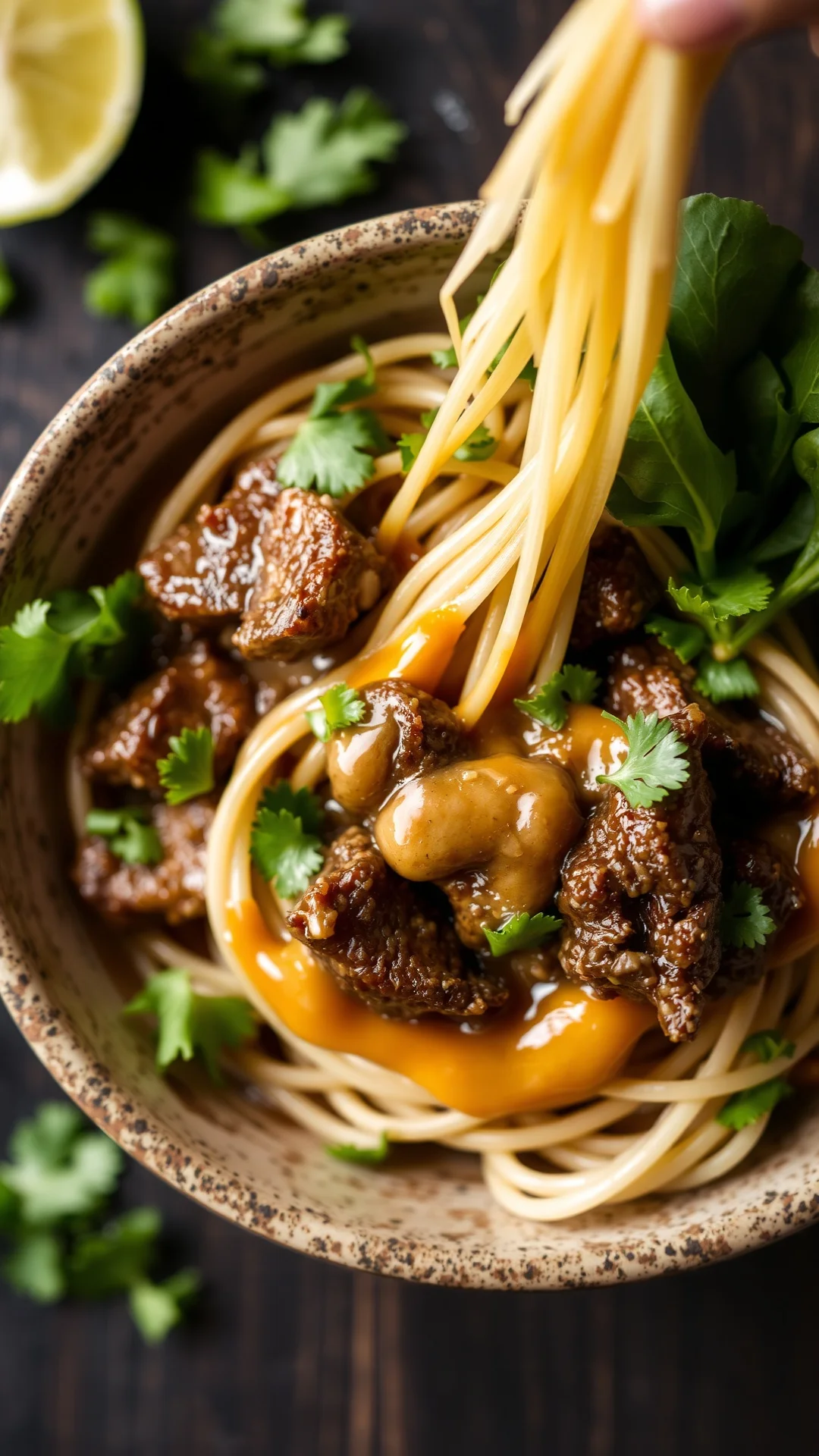 Close-up overhead view of Vietnamese bo bun noodles with marinated beef, fresh herbs, vibrant vegetables, peanut sauce drizzl