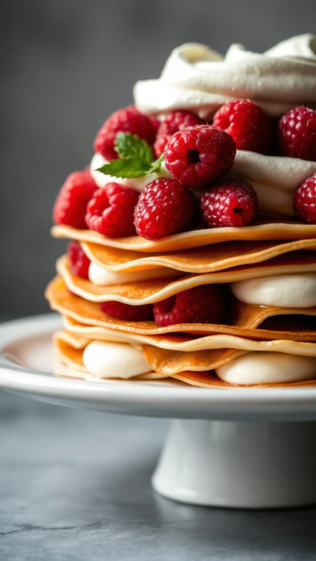 Close-up portrait of elegant red berry layer cake with fresh raspberries, strawberries, mascarpone cream, stacked crepes, fin