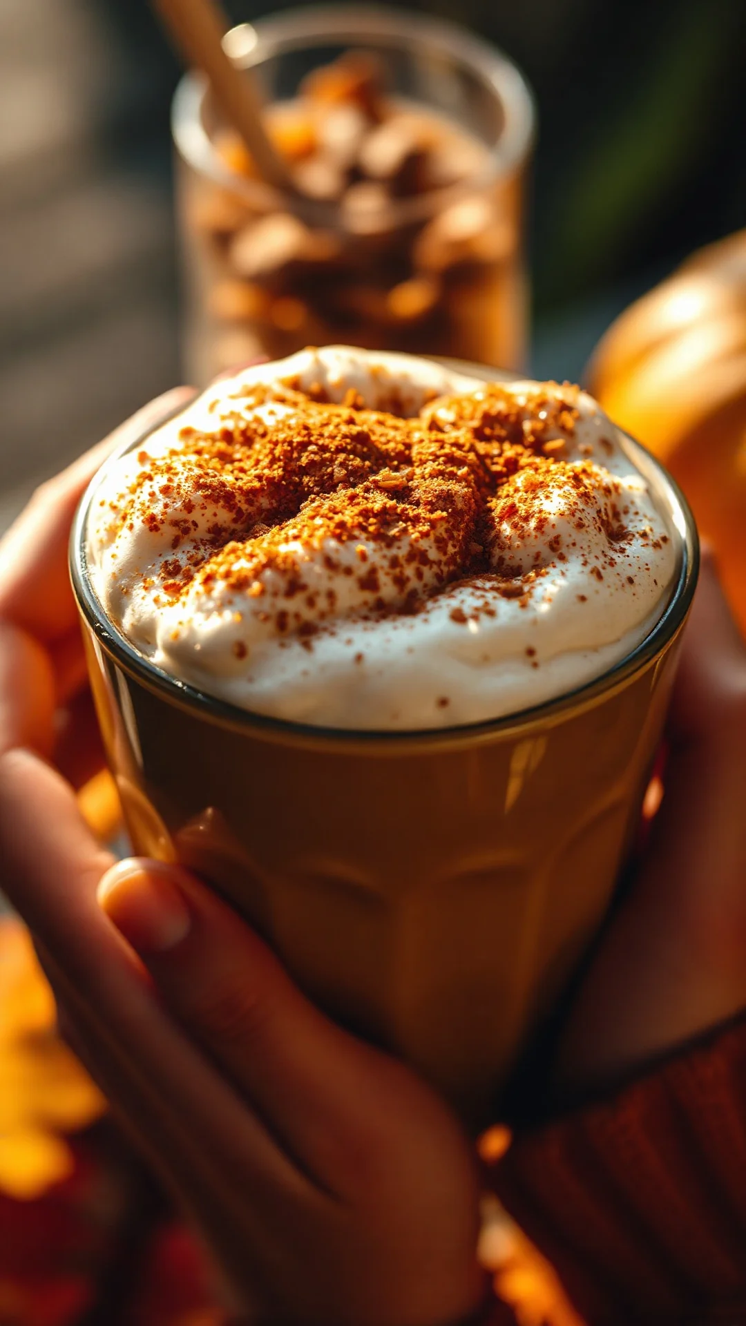 Close-up portrait shot of a steaming Pumpkin Spice Latte with rich foam topping, cinnamon dusting, held in hands, golden autu