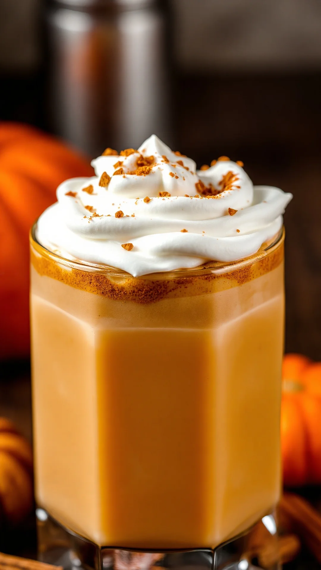 Close-up Pumpkin Spice Latte with creamy foam topping, cinnamon sprinkle, fall autumn coffee drink, detailed macro food photo