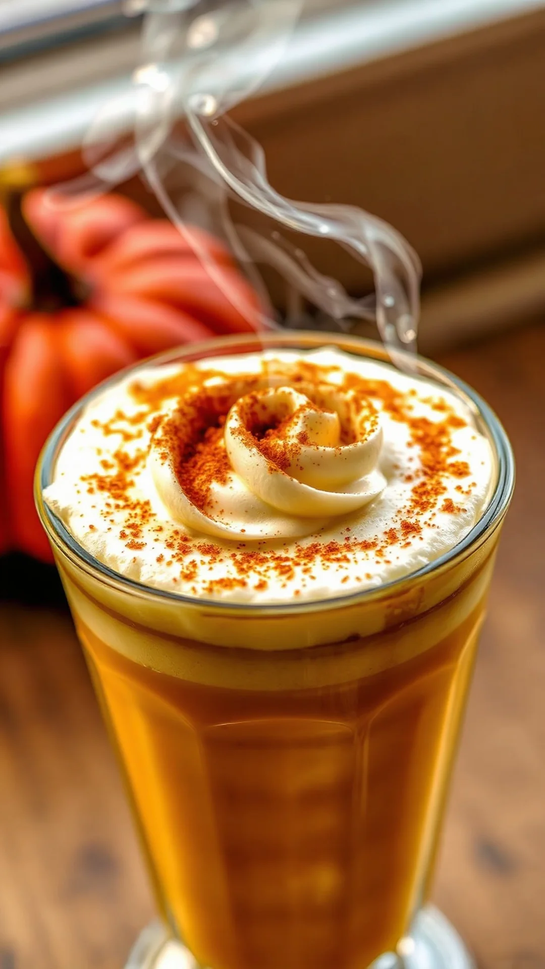 Close-up pumpkin spice latte with foam art, whipped cream swirl, cinnamon dust, warm autumn tones, steaming hot beverage