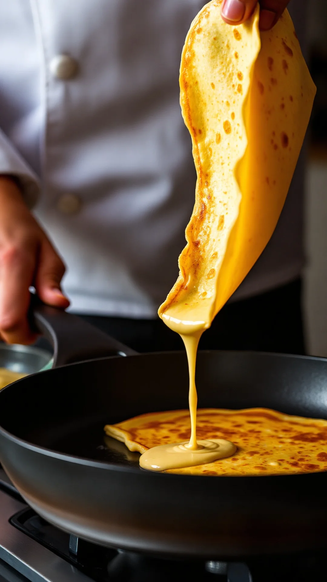 Close-up shot of chef's hands flipping a delicate golden crepe in a hot pan, crepe batter dripping, professional food photogr