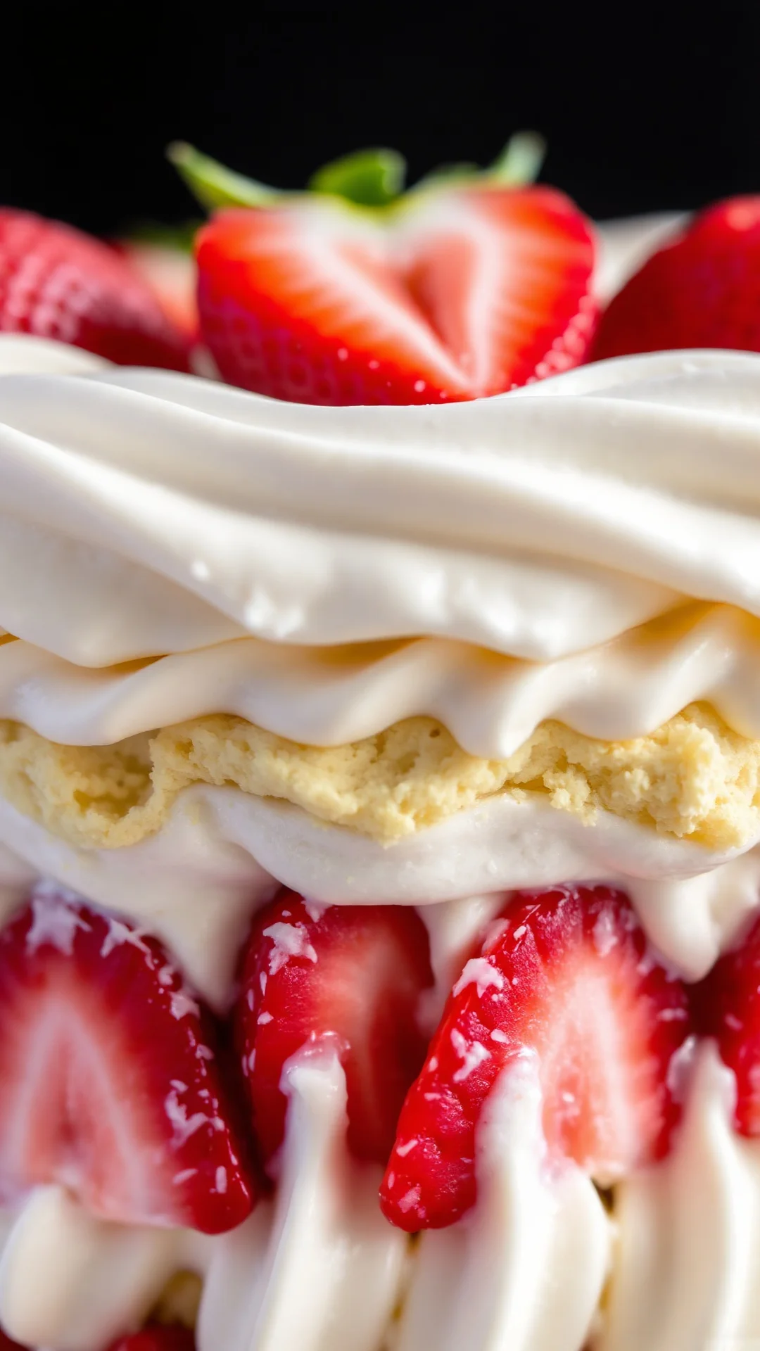 Close-up shot of creamy tiramisu with fresh strawberries, rich mascarpone cream texture, layered dessert detail, vibrant red