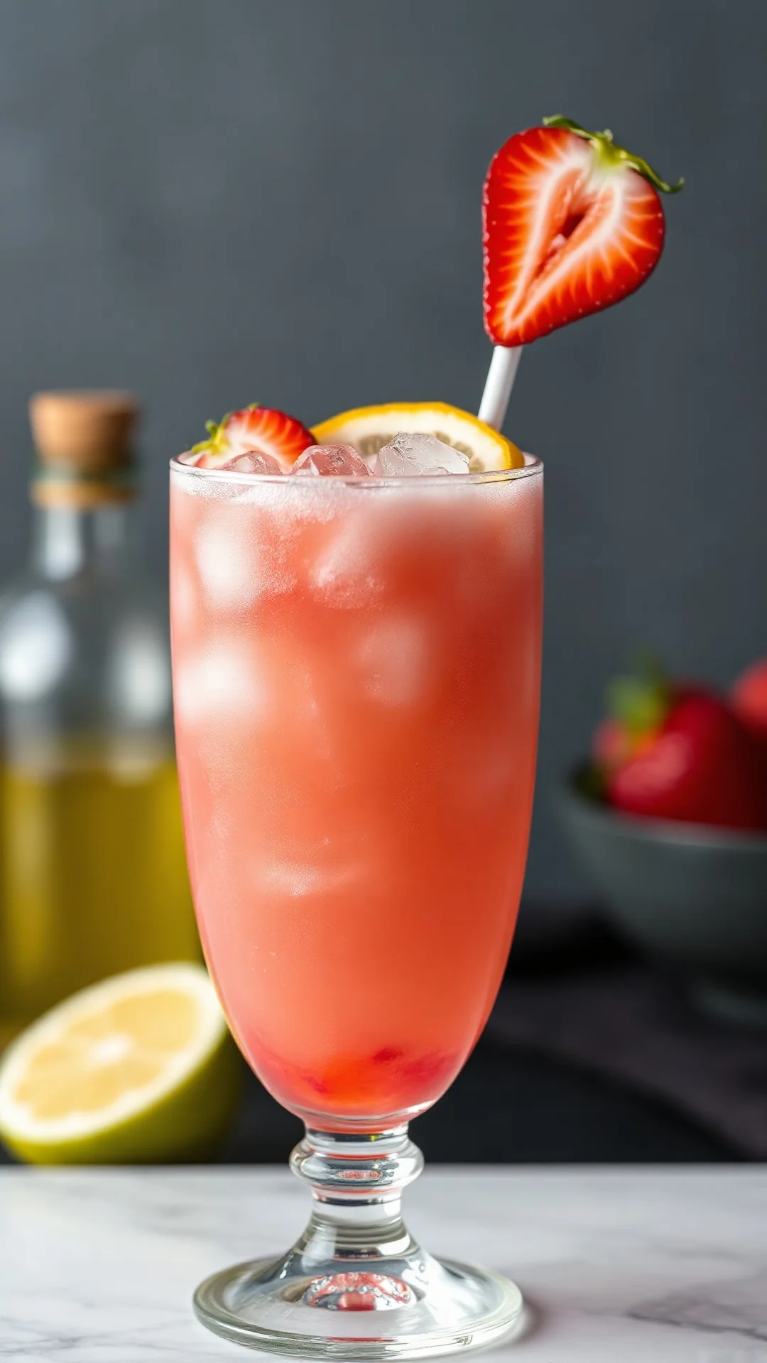 Close-up strawberry daiquiri cocktail glass with ice cubes, fresh strawberry slice, citrus wedge, pink foam bubbles, professi