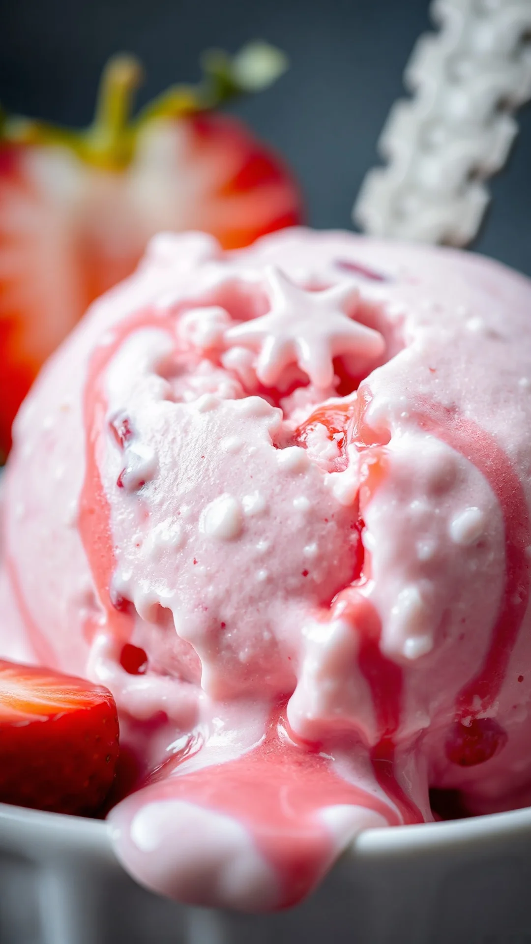 Close-up strawberry ice cream scoop, creamy texture, fresh strawberries garnish, melting ice cream detail, summer treat macro