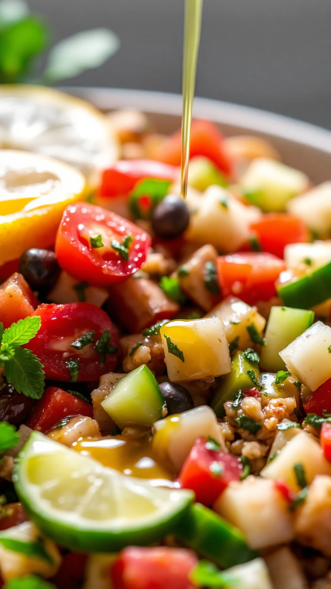 Close-up tabbouleh with fresh herbs parsley mint, diced tomatoes and cucumber, golden olive oil drizzle, lemon garnish, detai