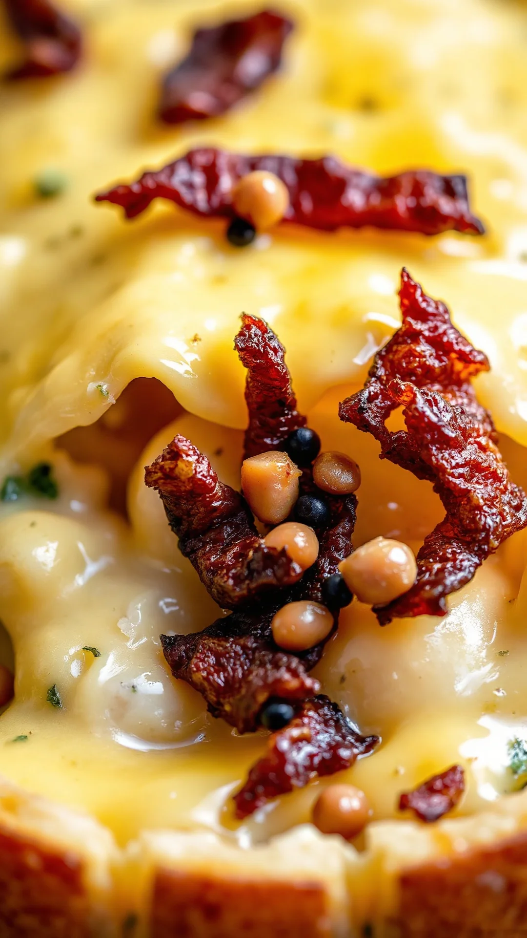 Close-up tartiflette savoyarde cross-section showing melted reblochon cheese, tender potatoes, crispy lardons, creamy filling