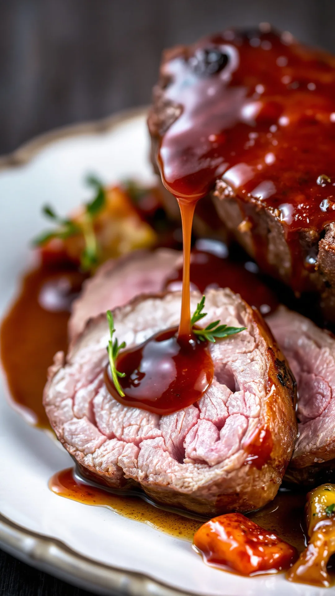 Close-up tender sliced veal meat with glossy brown sauce dripping, caramelized vegetables and herbs garnish, gourmet culinary