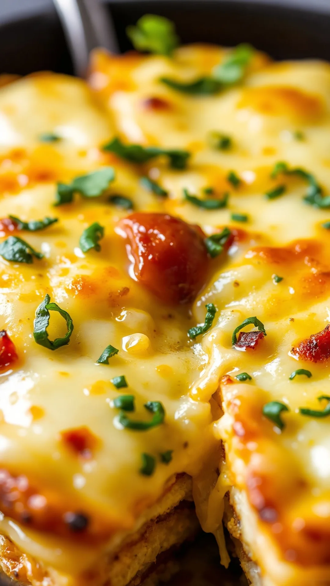 Close-up vegan tartiflette with layers of potatoes, melted vegan cheese, golden bubbling top, fresh herbs, professional food