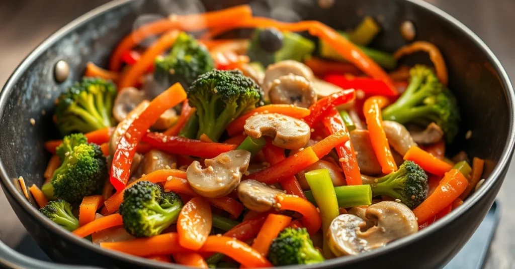 Colorful Asian stir-fried vegetables with broccoli, bell peppers, carrots, mushrooms, sesame seeds in wok, steam rising, prof