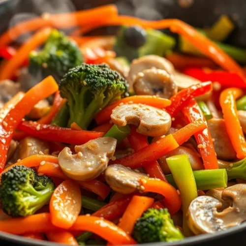 Colorful Asian stir-fried vegetables with broccoli, bell peppers, carrots, mushrooms, sesame seeds in wok, steam rising, prof