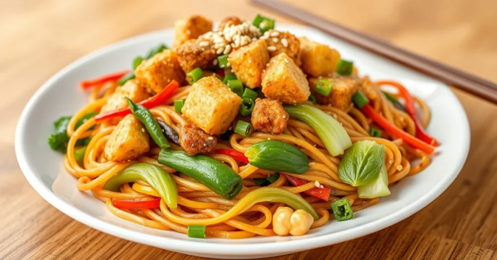 Colorful Asian vegan noodle stir-fry with crispy tofu, fresh vegetables, and sesame seeds garnish on white plate, professiona