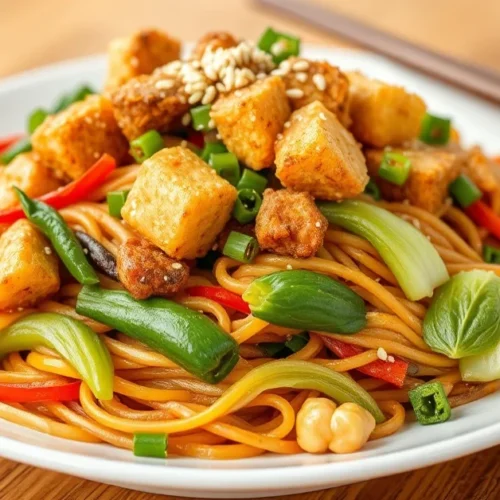 Colorful Asian vegan noodle stir-fry with crispy tofu, fresh vegetables, and sesame seeds garnish on white plate, professiona