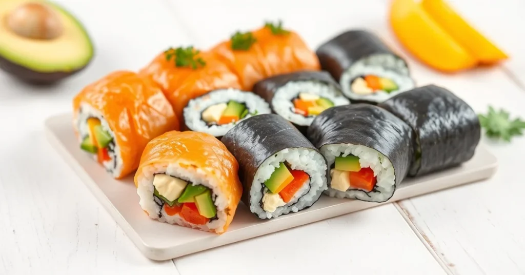 Colorful homemade sushi rolls for children with fresh vegetables, cream cheese, avocado and mango on a white wooden table