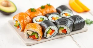 Colorful homemade sushi rolls for children with fresh vegetables, cream cheese, avocado and mango on a white wooden table