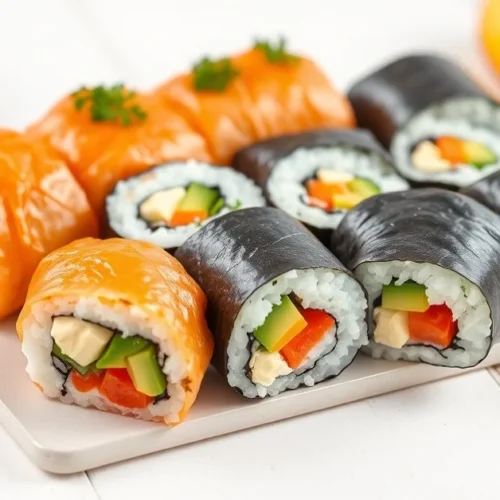 Colorful homemade sushi rolls for children with fresh vegetables, cream cheese, avocado and mango on a white wooden table