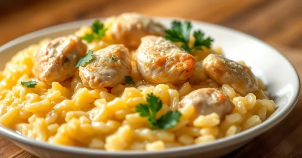 Creamy chicken risotto garnished with fresh parmesan cheese and parsley, rich yellow risotto rice with tender chicken pieces,