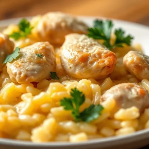 Creamy chicken risotto garnished with fresh parmesan cheese and parsley, rich yellow risotto rice with tender chicken pieces,