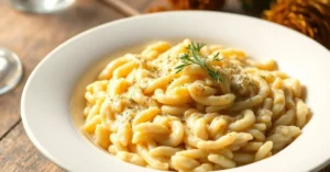 Creamy fennel risotto in white bowl, fresh fennel fronds garnish, golden lighting, Italian cuisine, elegant plating, soft her