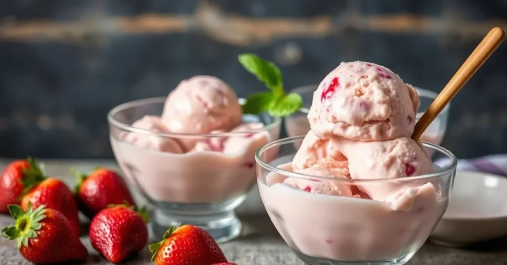 Creamy homemade strawberry ice cream in glass bowls, fresh strawberries, wooden spoon, summer dessert, professional food phot