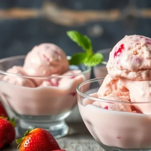 Creamy homemade strawberry ice cream in glass bowls, fresh strawberries, wooden spoon, summer dessert, professional food phot