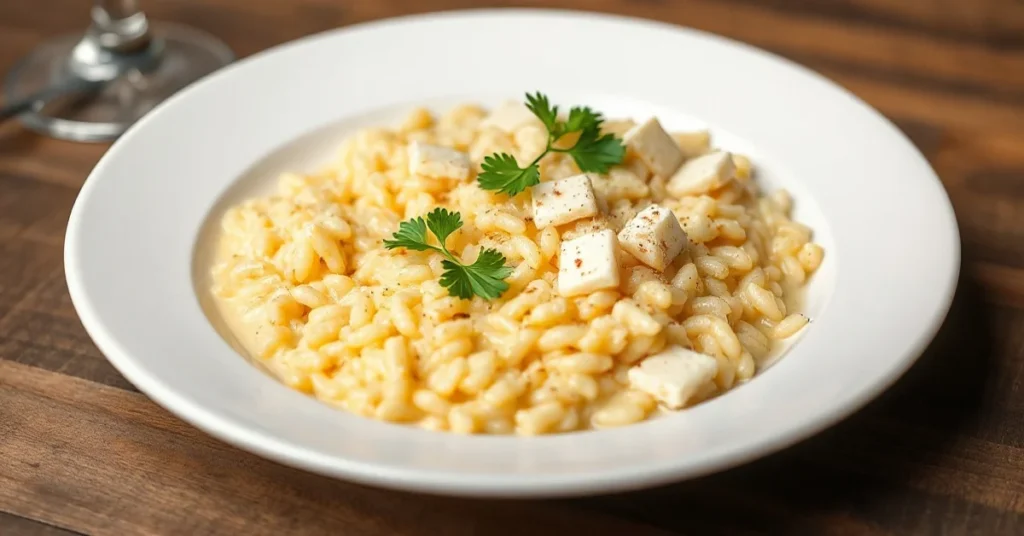 Creamy Italian risotto in white plate, garnished with parmesan cheese and fresh parsley, steaming hot risotto Arborio rice, e