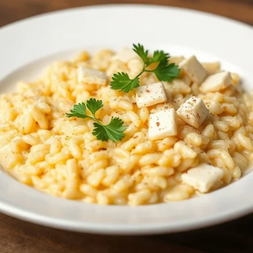 Creamy Italian risotto in white plate, garnished with parmesan cheese and fresh parsley, steaming hot risotto Arborio rice, e