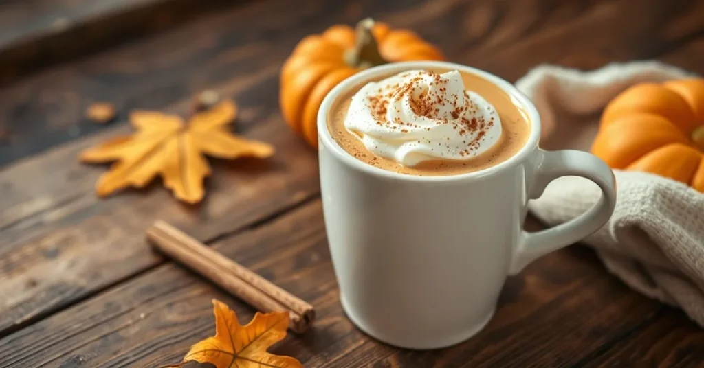 Creamy keto pumpkin spice latte in white ceramic cup with whipped cream and cinnamon sprinkle on wooden autumn table, warm fa