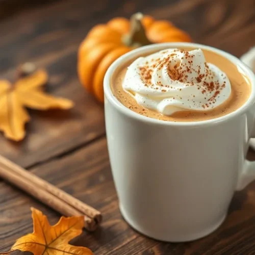 Creamy keto pumpkin spice latte in white ceramic cup with whipped cream and cinnamon sprinkle on wooden autumn table, warm fa
