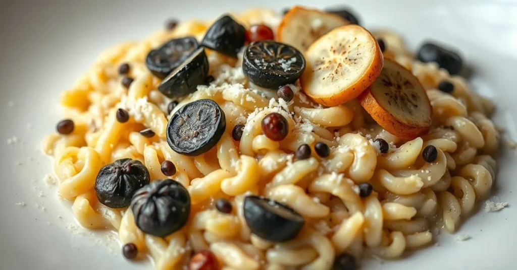 Creamy luxurious risotto with black truffles, melting butter, grated parmesan cheese, garnished with fresh truffle slices, el