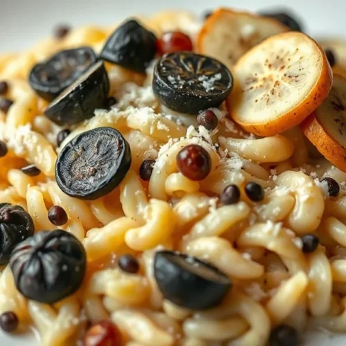 Creamy luxurious risotto with black truffles, melting butter, grated parmesan cheese, garnished with fresh truffle slices, el