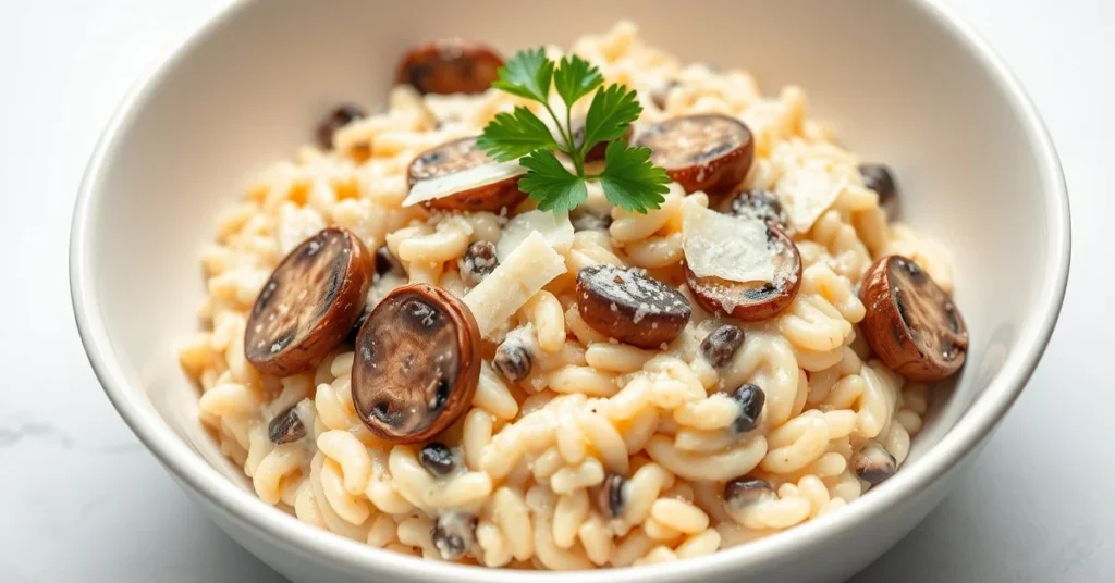 Creamy mushroom risotto served in white bowl with parmesan shavings, fresh parsley garnish, and restaurant presentation style