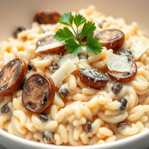 Creamy mushroom risotto served in white bowl with parmesan shavings, fresh parsley garnish, and restaurant presentation style