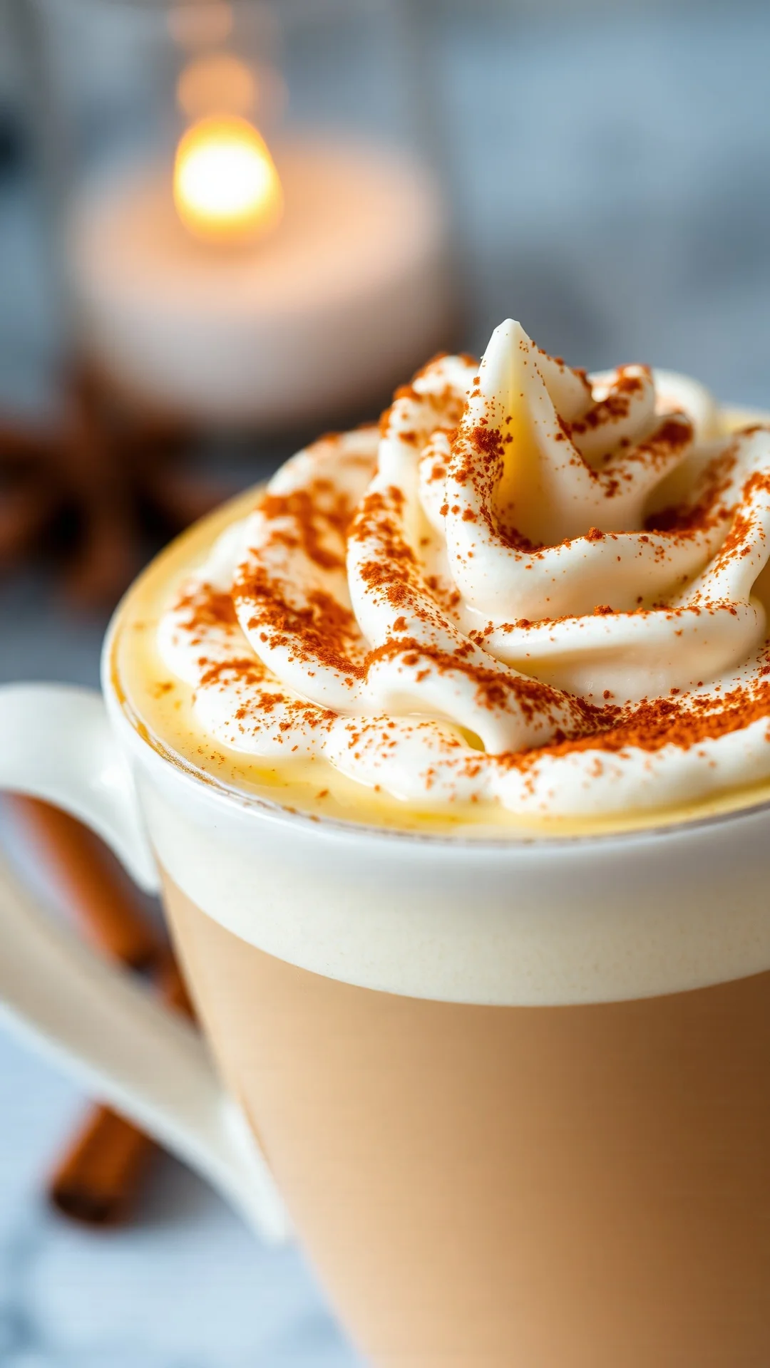 Creamy pumpkin spice latte close-up with whipped cream, cinnamon dusting, steaming hot coffee drink, autumn comfort beverage
