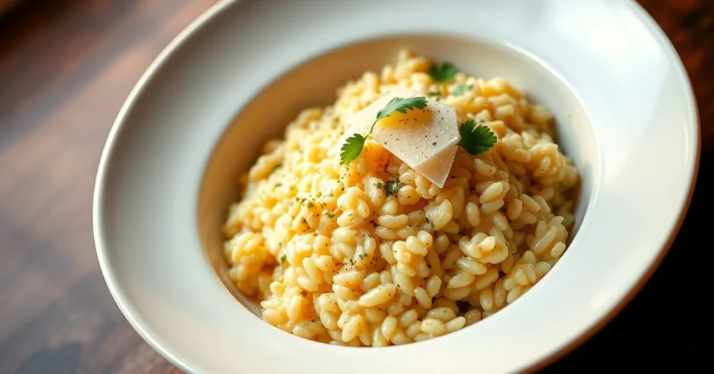 Creamy risotto dish served in elegant white bowl, garnished with parmesan cheese and fresh parsley, warm golden lighting, pro