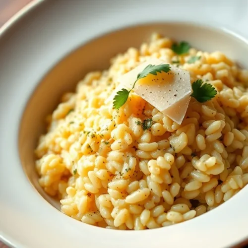 Creamy risotto dish served in elegant white bowl, garnished with parmesan cheese and fresh parsley, warm golden lighting, pro