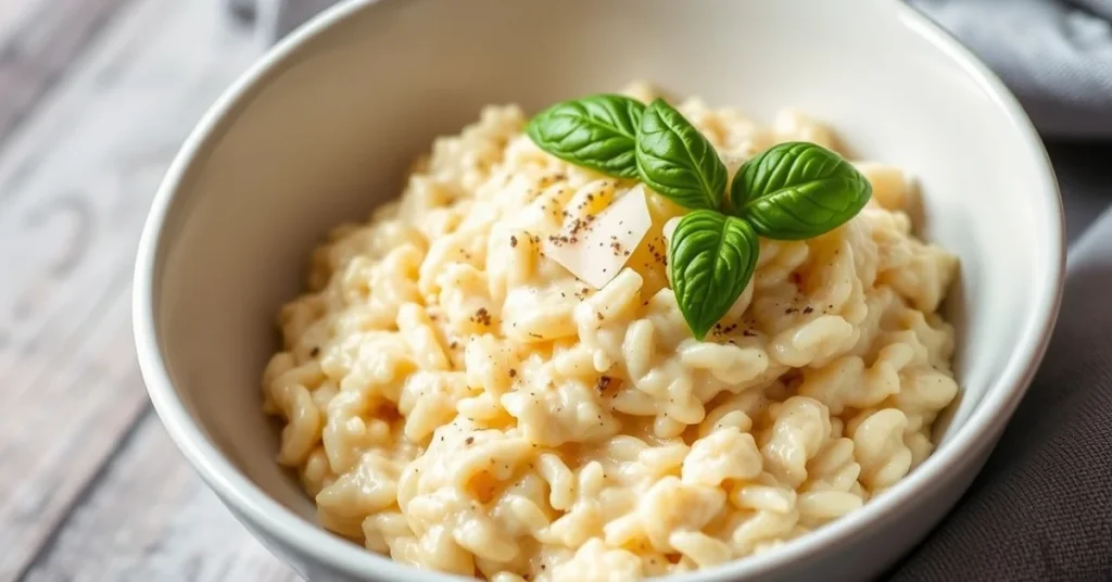 Creamy risotto in white bowl with parmesan cheese, garnished with fresh basil and black pepper, Italian comfort food, appetiz
