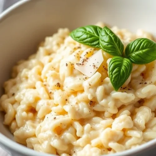 Creamy risotto in white bowl with parmesan cheese, garnished with fresh basil and black pepper, Italian comfort food, appetiz