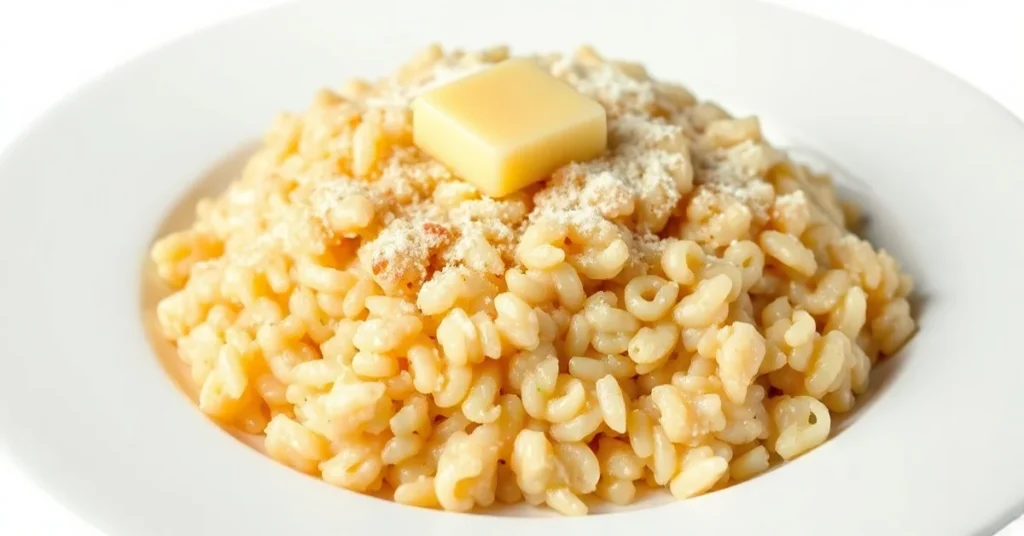 Creamy risotto Monsieur Cuisine with melted butter, grated parmesan cheese, elegant plating, soft lighting, professional culi