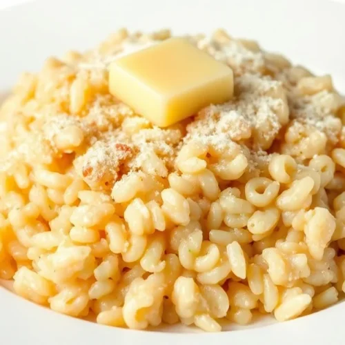 Creamy risotto Monsieur Cuisine with melted butter, grated parmesan cheese, elegant plating, soft lighting, professional culi