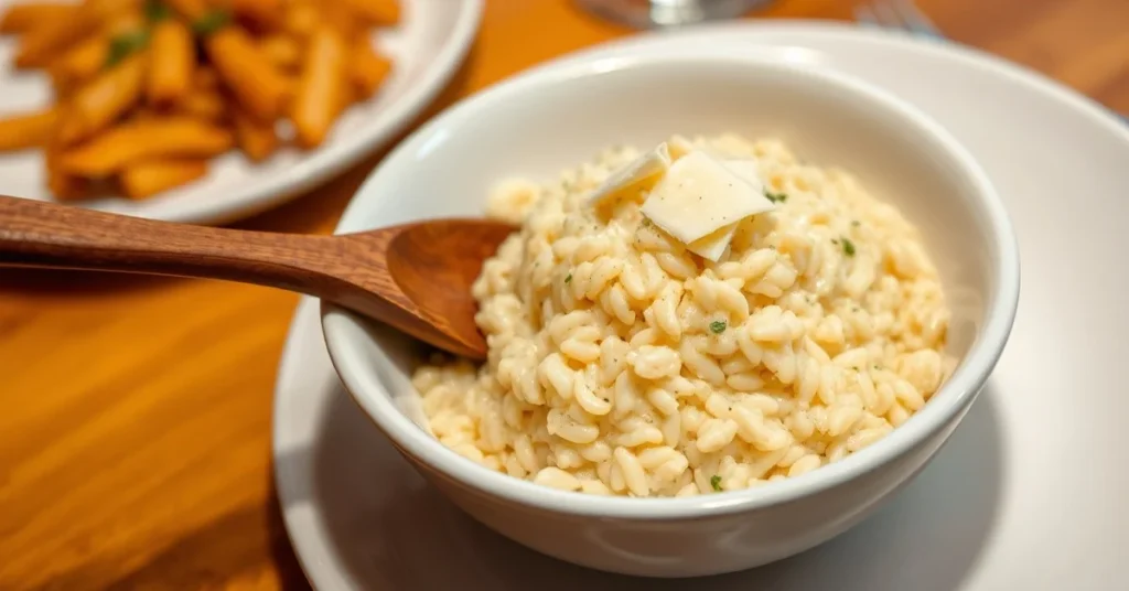Creamy risotto nature in white bowl, Parmesan cheese shaving on top, wooden spoon, warm lighting, restaurant quality plating,