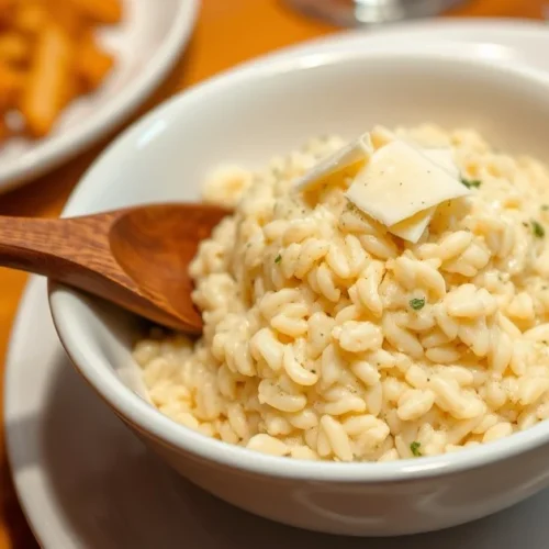 Creamy risotto nature in white bowl, Parmesan cheese shaving on top, wooden spoon, warm lighting, restaurant quality plating,