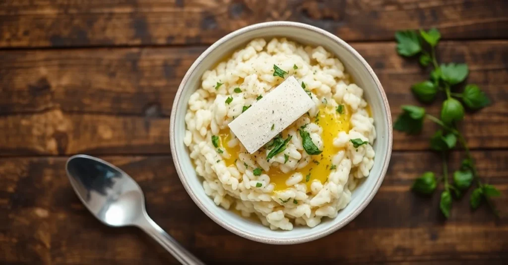 Creamy risotto served in a white bowl with melted butter, parmesan cheese, and fresh herbs, garnished elegantly with a parmes